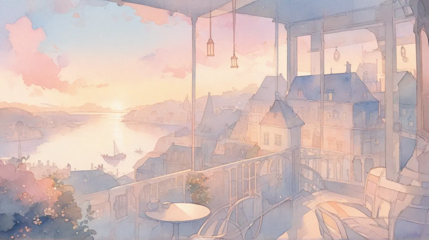 Highest quality, cozy atmosphere,Cafe, balcony, Sunrises and clouds, overlooking the port town, pastel color, watercolor illustration 