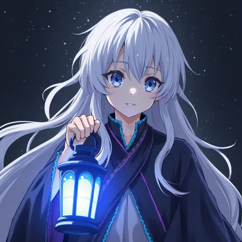 Anime girls with long silvery white hair dressed in dark costumes with blue and purple accents, Eyes Dark blue ,he holds a lantern with blue light,expressionless flat staring at camera , inspired by Okumura Togyu ,  trending on pixiv , shin hanga, Aramaki ...