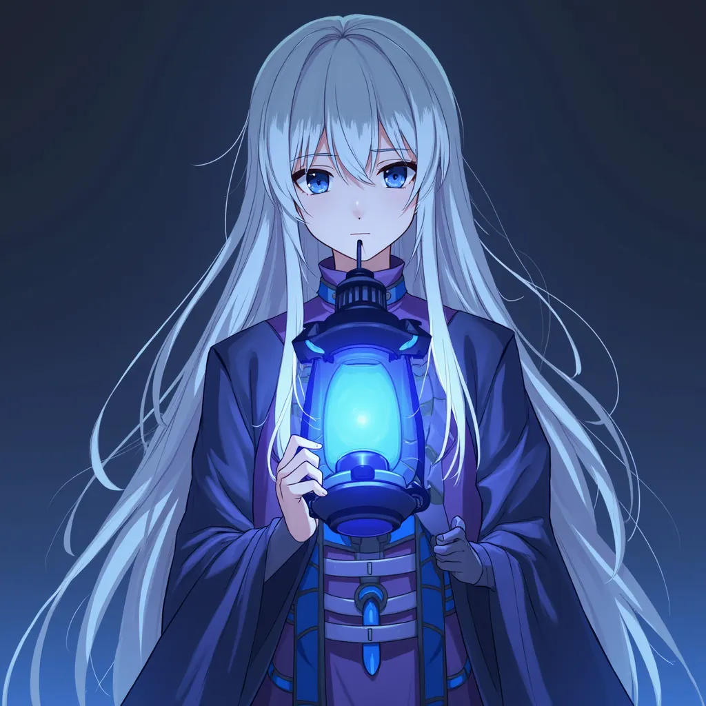 Anime girls with long silvery white hair dressed in dark costumes with blue and purple accents, Eyes Dark blue ,he holds a lantern with blue light,expressionless flat staring at camera , inspired by Okumura Togyu ,  trending on pixiv , shin hanga, Aramaki ...