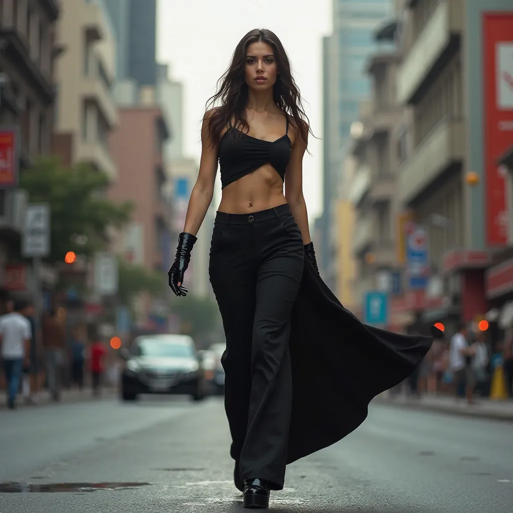 Beautiful Armenian Woman in black ASYMMETRICAL Crop top in black flared pants in black patent leather platform shoes walking around the city