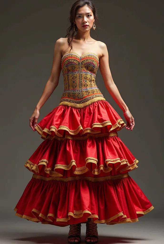 Create a sketch for me: Dinagyang festival costume with weaved textile designs for a tube top then red mid length skirt with 3 layers of gold trimmings ruffles