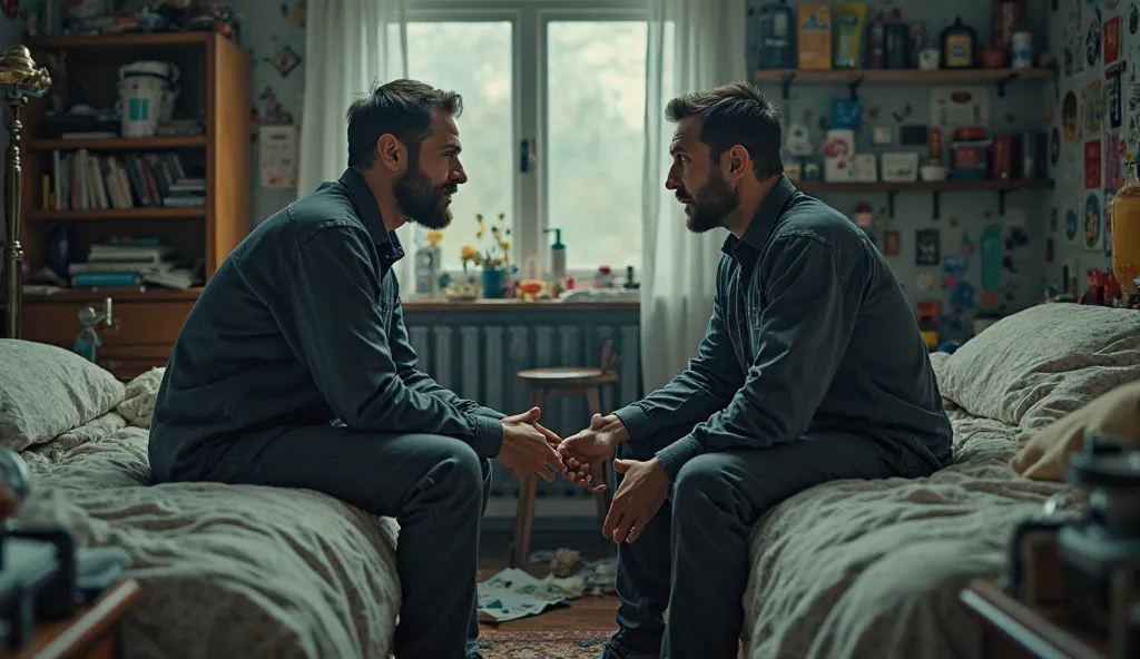 two identical man in same cluttery room different outfits and with different emotions in one frame sitting opposite to each other on the parallel edges of a bed ultra realistic cinematic 4k