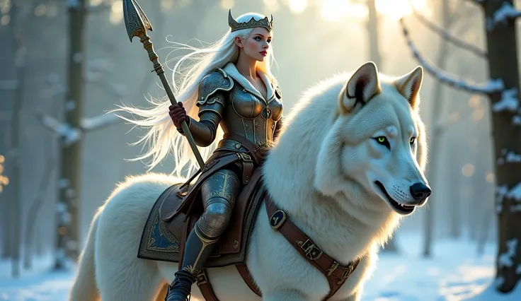  A beautiful elf girl with big breasts ,  thick thighs , white hair,  green eyes,  pretty face with a queen's crown on her head , a spear in the hand ,  clothes sexy armor ,  riding a big snow wolf with fangs and big claws in a Siberian forest