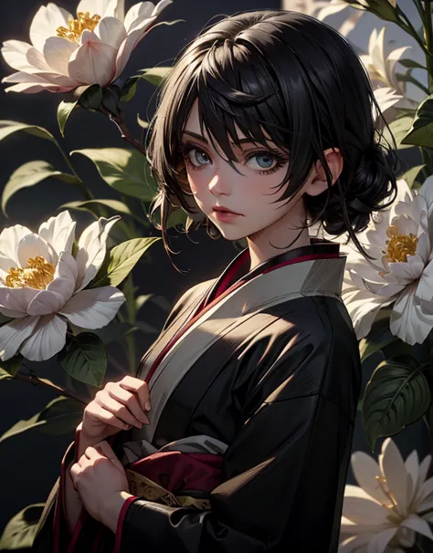 (masterpiece), (top quality), 1girl, hime cut, black hair, oriental hair ornament, white kimono, camellia flowers, looking at viewer,  straight, winter background 