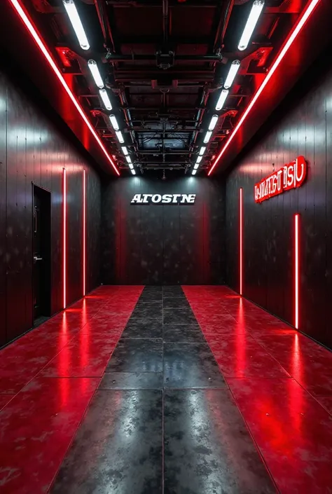 Black car wash workshop on its walls and ceiling, the red and black floor in the form of squares, Line-shaped white LED lights on the ceiling and side walls, red decorative lights in the form of diagonal lines on the side walls and logo on the walls in whi...