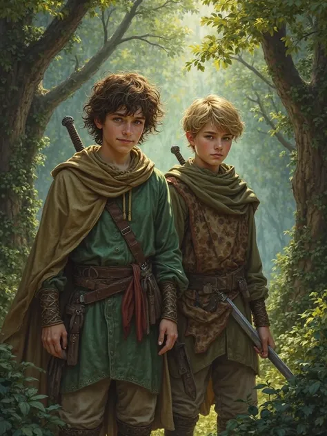 A fantasy book cover featuring two young men in a dense forest, wearing commoner clothes as they have been banished. They both carry swords, ready for battle. One has messy brown hair and a calm but guarded expression, representing Arthur, who is blind but...