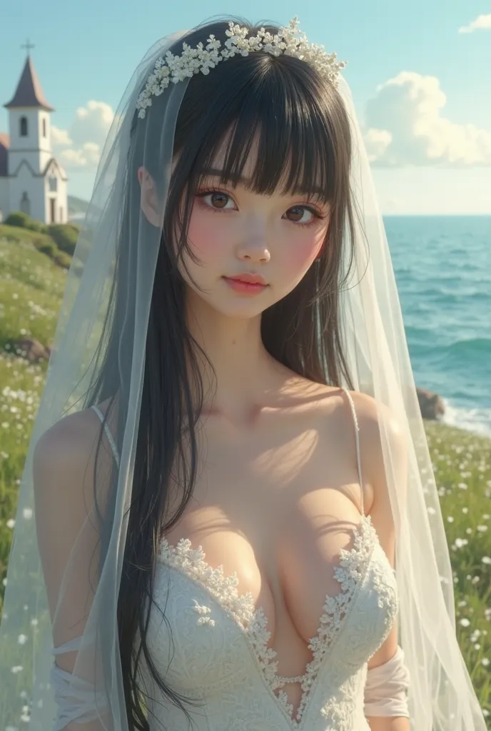 ((Top Quality)), ((Excellent)), (Detailed),((Japanese)),Ultra-realistic and stunning environment, deserted spring meadow, black hair, ((Very girlish)), ((Naked)), ((Straight hair)),Outdoors, ((White veil)), ((Black eyes)), ((Seaside church)), ((Topless)), ...