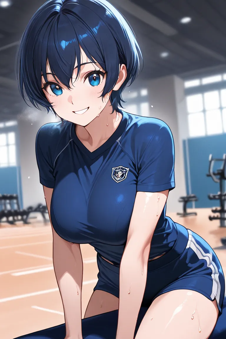 High quality texture,1 girl,  dark blue short hair, blue eyes,10th Generation,Navy blue sportswear,Big enough for breasts, sports gym,smile,sweat,Training
