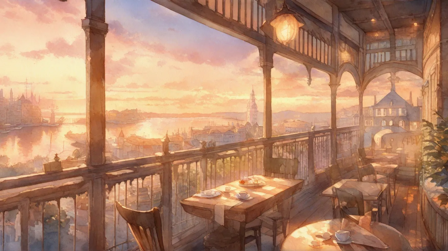 Highest quality, cozy atmosphere,Cafe, balcony, sunset and clouds, Overlooking the port town, pastel color, watercolor illustration 