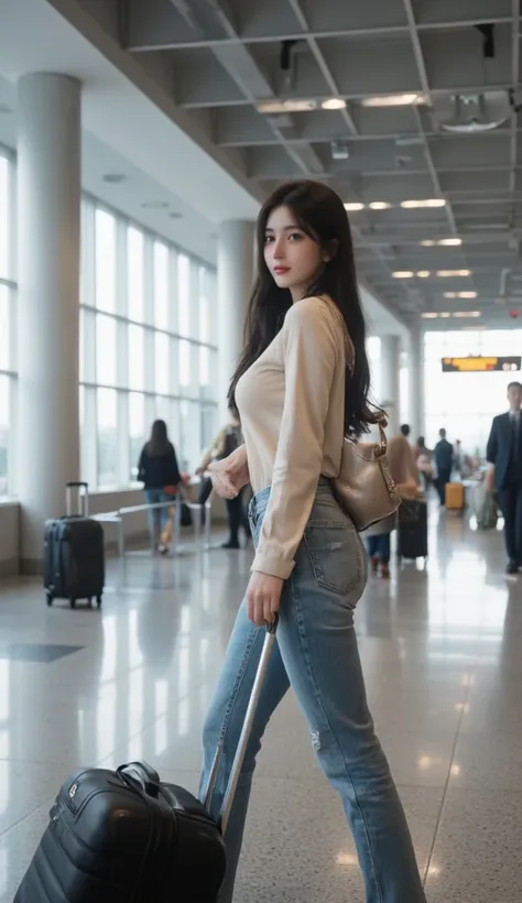 a middle profile shot of a Japanese girl happily pulling luggage on back , Unwilling to look at the camera, (smiling:1.5), and walking in a grand airport terminal, movie grading,  bright and color casual wear, lively, dramatic, ( Movie light , depth of fie...