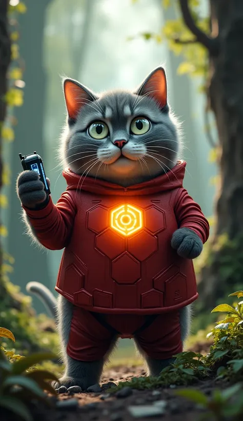 Scene 2: The Cat Hero Receives the Distress Signal
Image Prompt: The cat hero, a chubby gray-and-white feline in a red superhero suit with glowing hexagonal chest armor, stands heroically, eyes wide in shock, gripping a futuristic communicator, against a b...