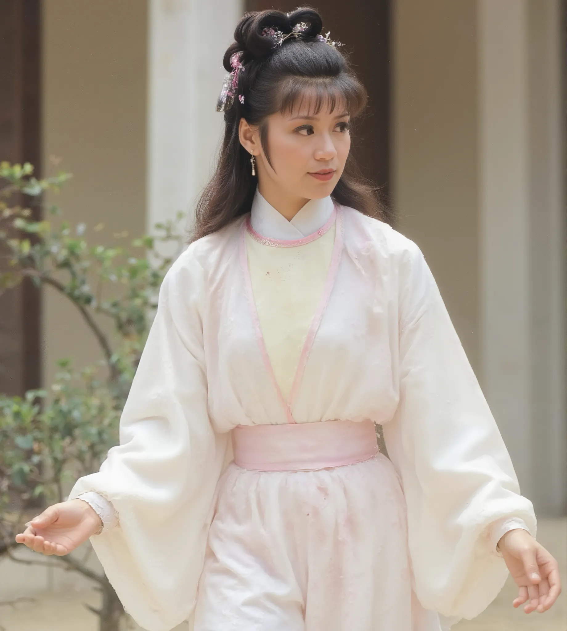 wearing white hanfu, ivory white inner collar, pink belt, white long sleeves, 