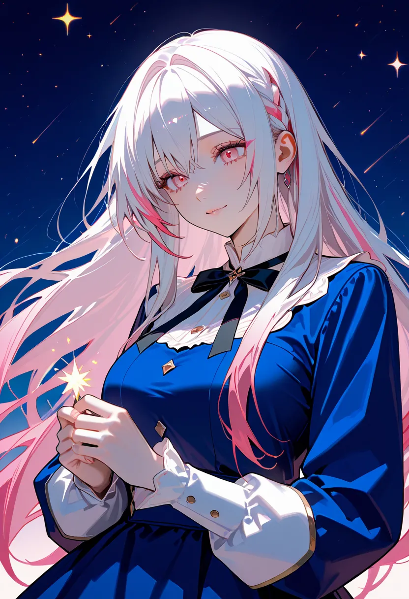 1 girl, , has long hair, white hair red pink highlights. Tied neatly and tied with a black ribbon. Light pink eyes that sparkled with stars, a beautiful face,  dressed in a comfortable white and blue outfit.