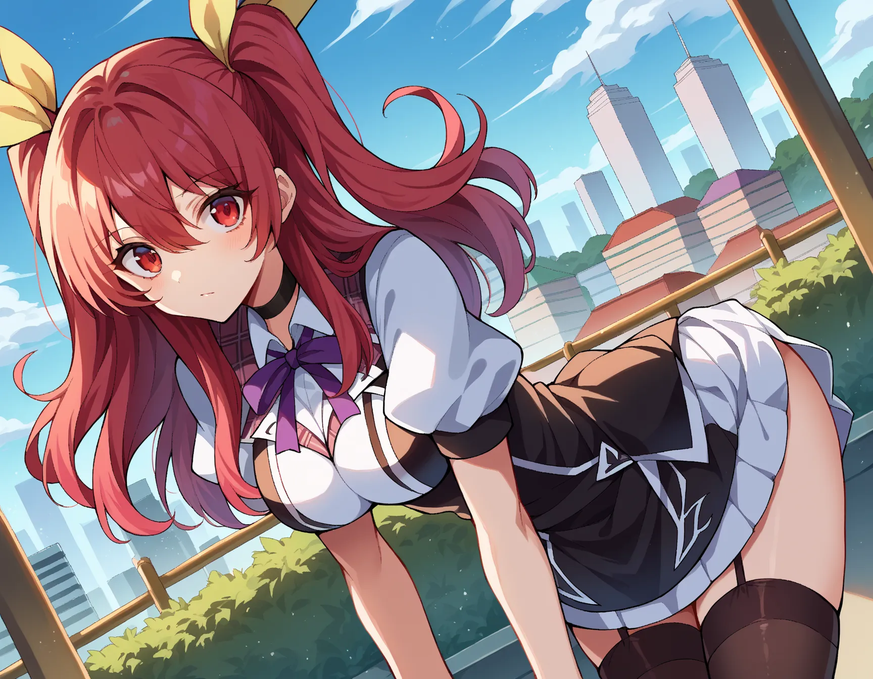 score_9, score_8_up, score_7_up, source_anime,
stellavermillion, stella vermillion, hair between eyes, hair intakes, hair ribbon, long hair, red eyes, red hair, two side up, yellow ribbon, mature female,
black choker, choker, emblem, garter straps, neck ri...