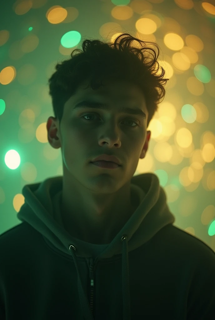 lonely blur face young man with twingkling gold and green lightings on the background 
