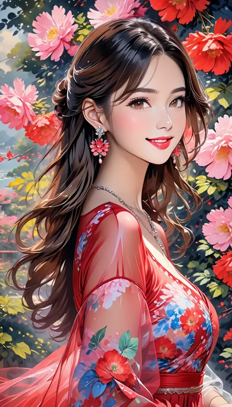 (masterpiece,  high image quality , high image quality, 8k,  Highest quality),  A fusion of watercolor and oil painting ,  One Young and Beautiful Woman, Brown-black long hair ,  beautiful brown eyes, pink lips, perfect style, Perfect face , Moderate bust,...