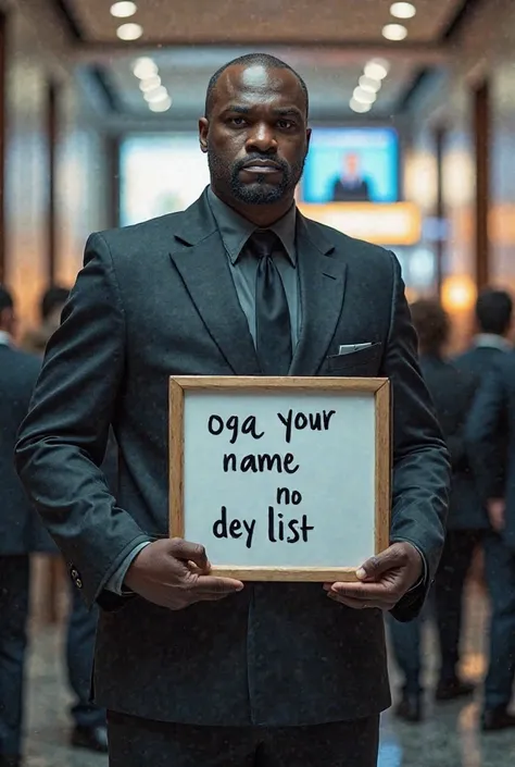 Black Bouncer at a conference entrance, holding a white board, on it is written "oga your name no dey list" in English please