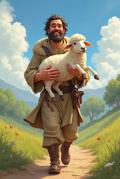 The happy found the sheep and is carrying the sheep on his shoulder walking towards his other sheep 