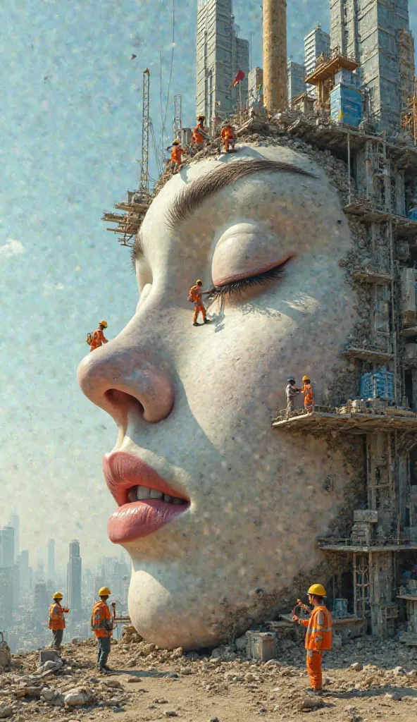 "A surreal scene where tiny construction workers are building an entire city on a giant human face. One worker is painting an eyebrow like a bridge, another is fixing a tiny door on the side of the nose. Skyscrapers rise from the forehead, with tiny people...