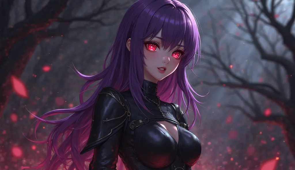 anime woman, black gloves,  Body,  breasts, pelo entre los ojos, long hair,  breasts grandes, shoulder pads,  Body púrpura, purple hair, red eyes, fantasy environment,  Detailed, 4k,  ultra realistic, studio lighting, bokeh, chiaroscuro, dark color palette...