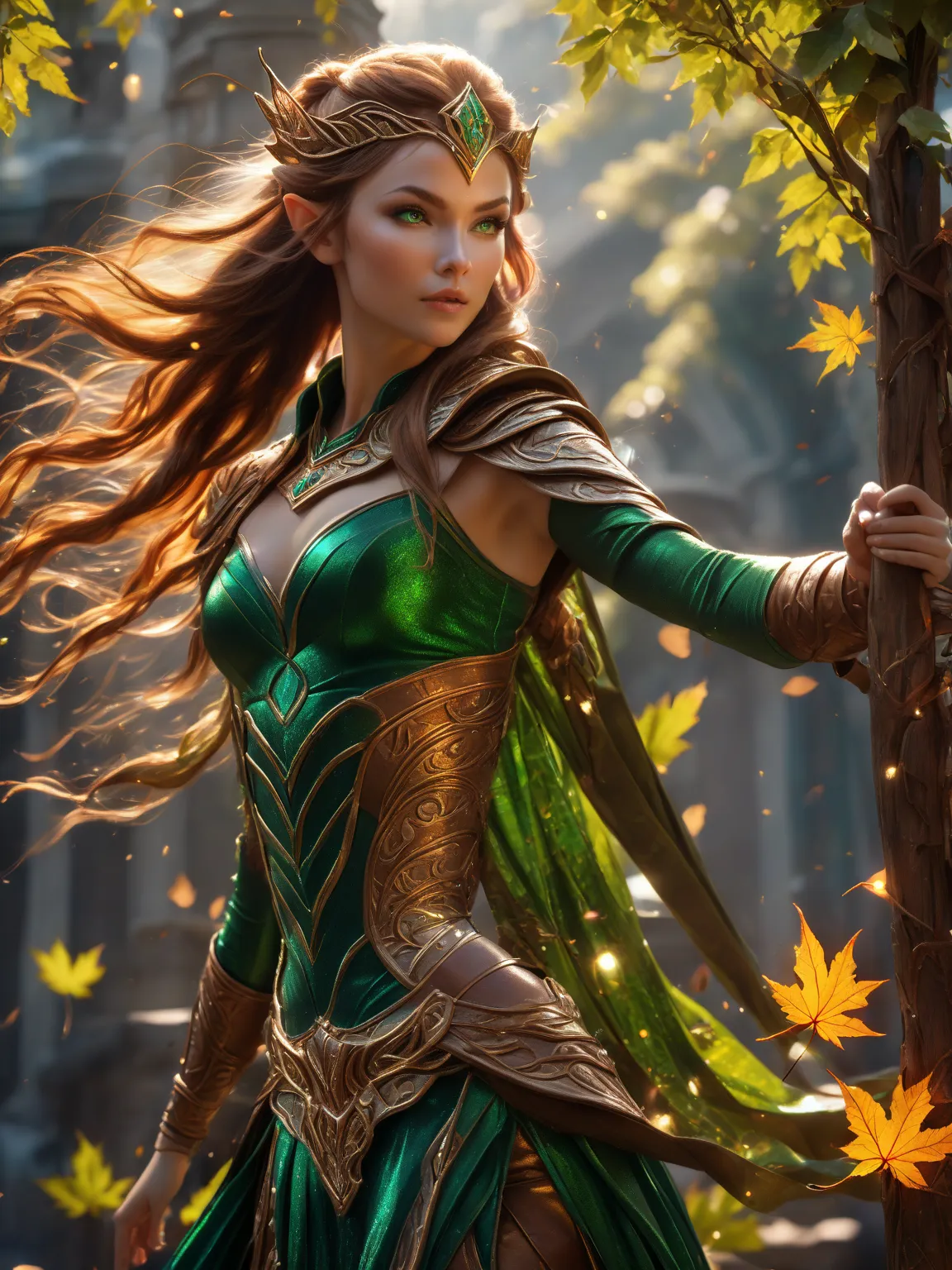 8K, Wood Elf Ranger, (woman's:1.5), Graceful and flexible (athletic build:1.5), emerald eyes (Vibrants:1.5), brown-hair (flowing:1.5), Copper silk, Leaf-shaped ornaments, UHD, HDR, Cinematic image, intricate details, Ultra-realism, Dystopian Palace, Luxuri...