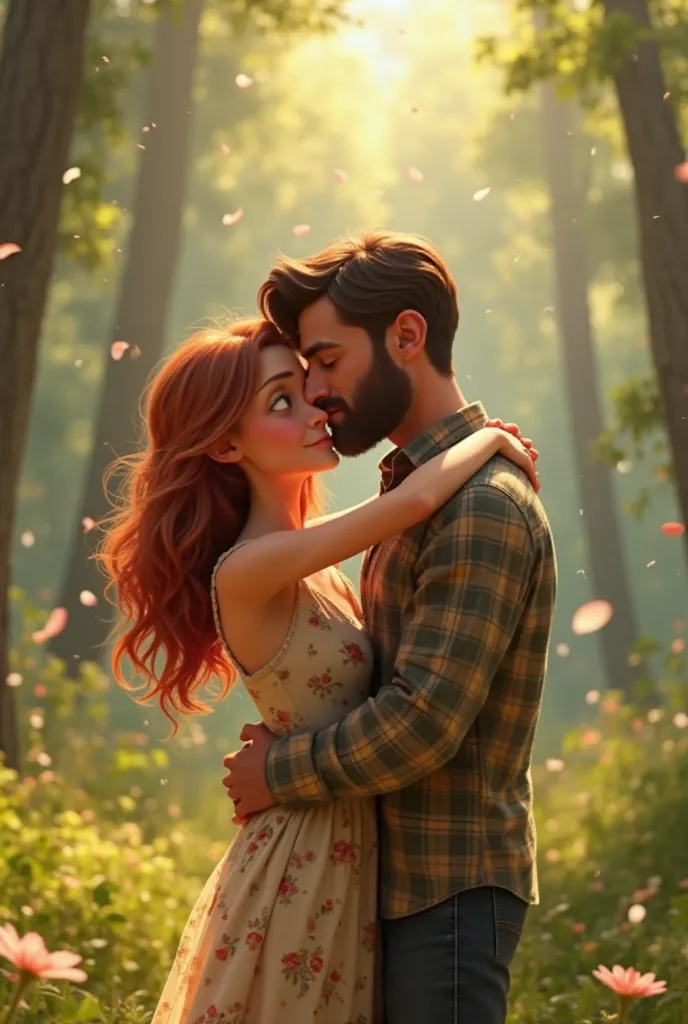 Pixar-style 3D animation render of a woman (auburn hair, floral dress) man (beard, checkered shirt) crying in forest