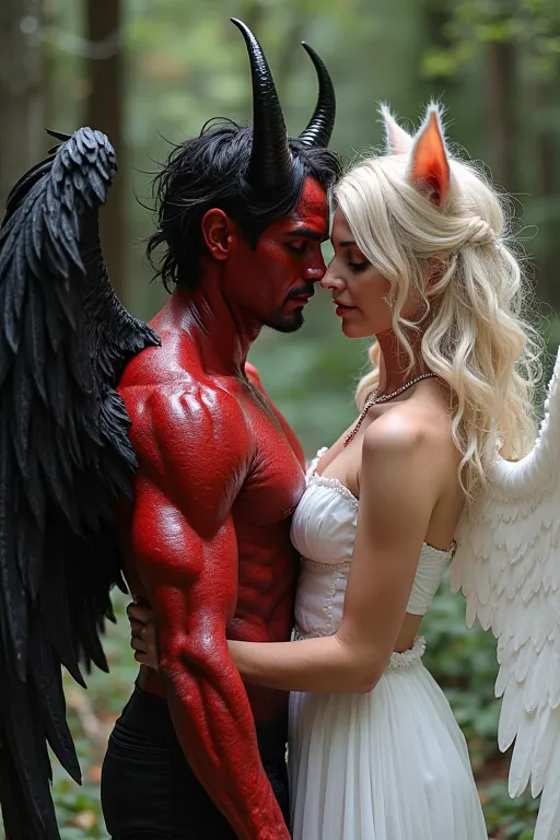 Male devil red skin, black horns, black wings, female, angel with cat ears, and white wings