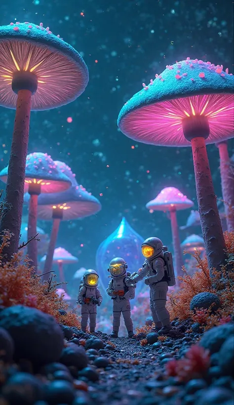 "A team of tiny astronauts explores an alien jungle where plants glow in neon blues, purples, and greens. Gigantic mushrooms with pulsating lights tower over them, while tiny scientists collect glowing spores in glass containers. One astronaut inspects a m...