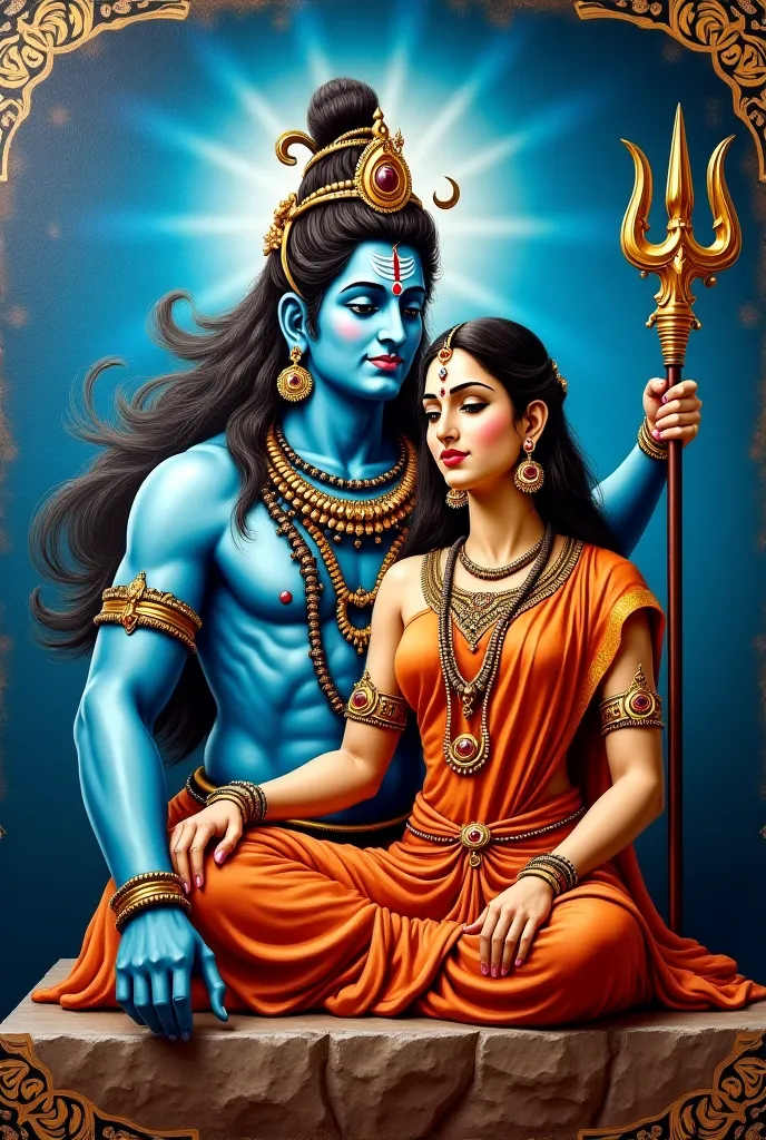 wall with a beep blue background. On the wall a painting of lord Shiva and parvati mata