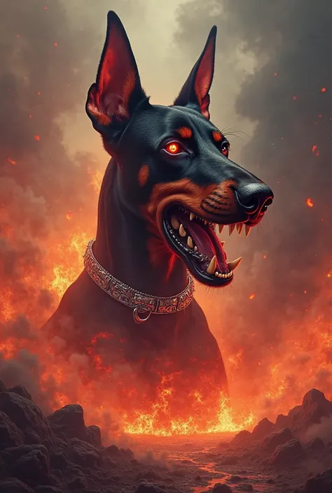 Fiery Infernal Pozadias, head of an angry doberman with a silver collar on the neck, Large chromatic inscription: Inferno dnb