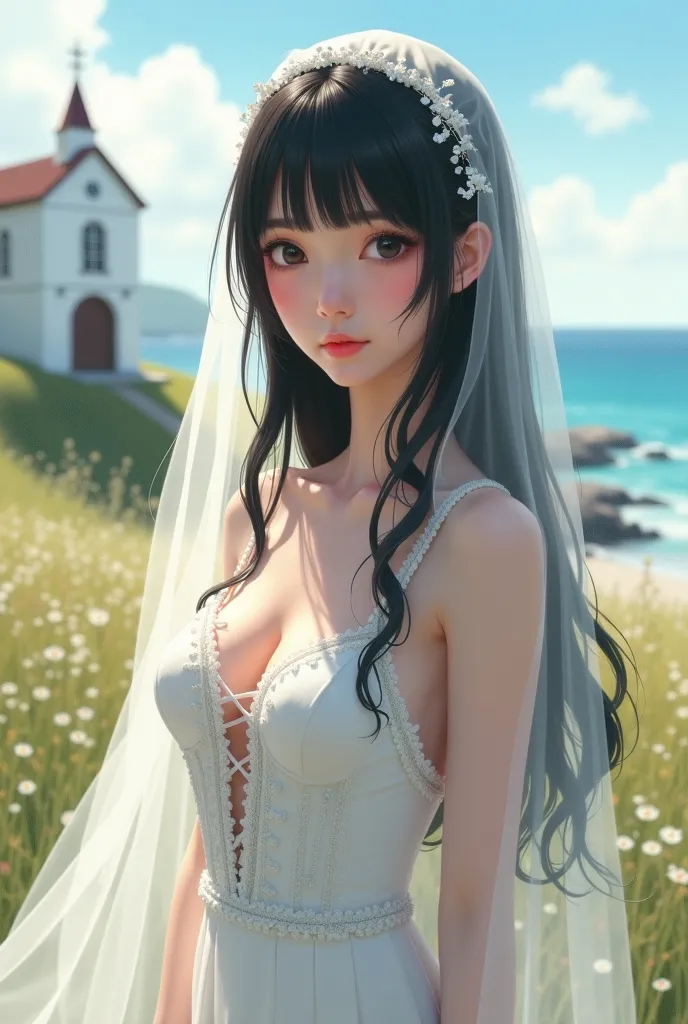 ((Top Quality)), ((Excellent)), (Detailed),((Japanese)),Ultra-realistic and stunning environment, deserted spring meadow, black hair, ((Very girlish)), ((Naked)), ((Straight hair)),Outdoors, ((White veil)), ((Black eyes)), ((Seaside church)), ((Topless)), ...