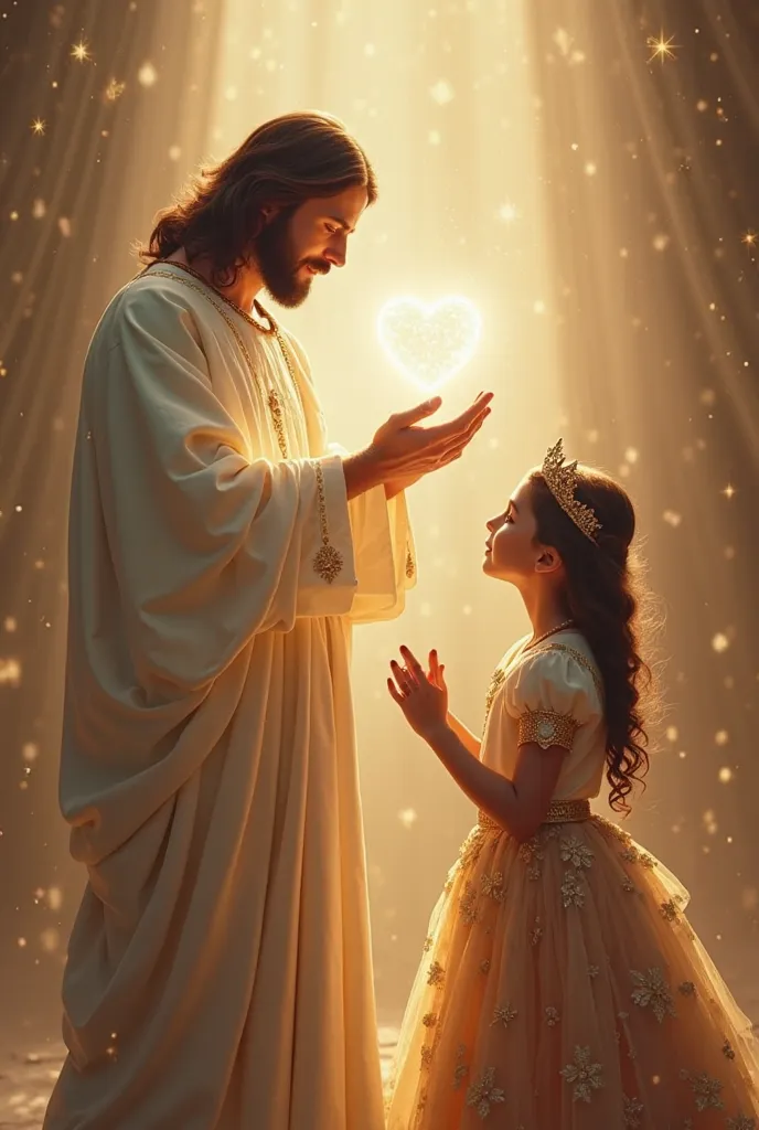 Another image of Jesus dressed in white with a sacred heart with a girl receiving communion dressed as a princess 