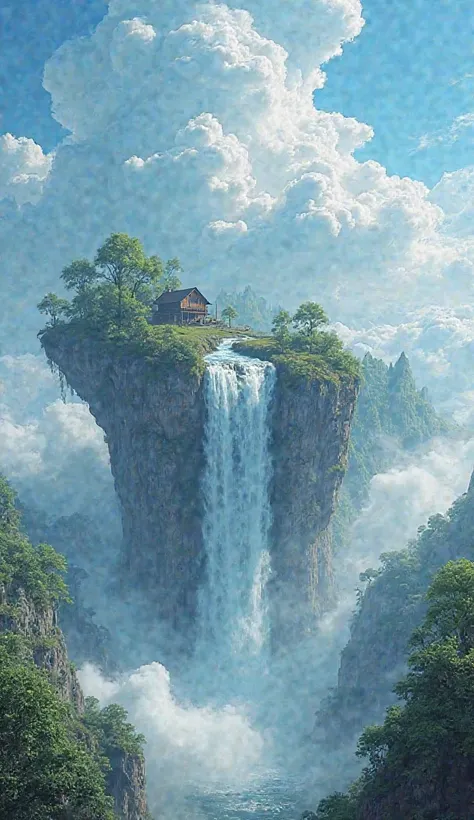 "A massive waterfall on a floating island above the clouds, with a small wooden cabin at the edge. The scene is surrounded by lush green forests, and the sky is bright blue with dramatic clouds. The atmosphere is surreal and dreamlike, in a fantasy landsca...