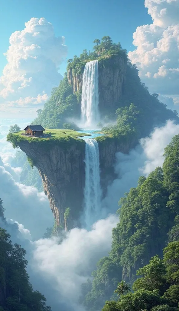 "A massive waterfall on a floating island above the clouds, with a small wooden cabin at the edge. The scene is surrounded by lush green forests, and the sky is bright blue with dramatic clouds. The atmosphere is surreal and dreamlike, in a fantasy landsca...