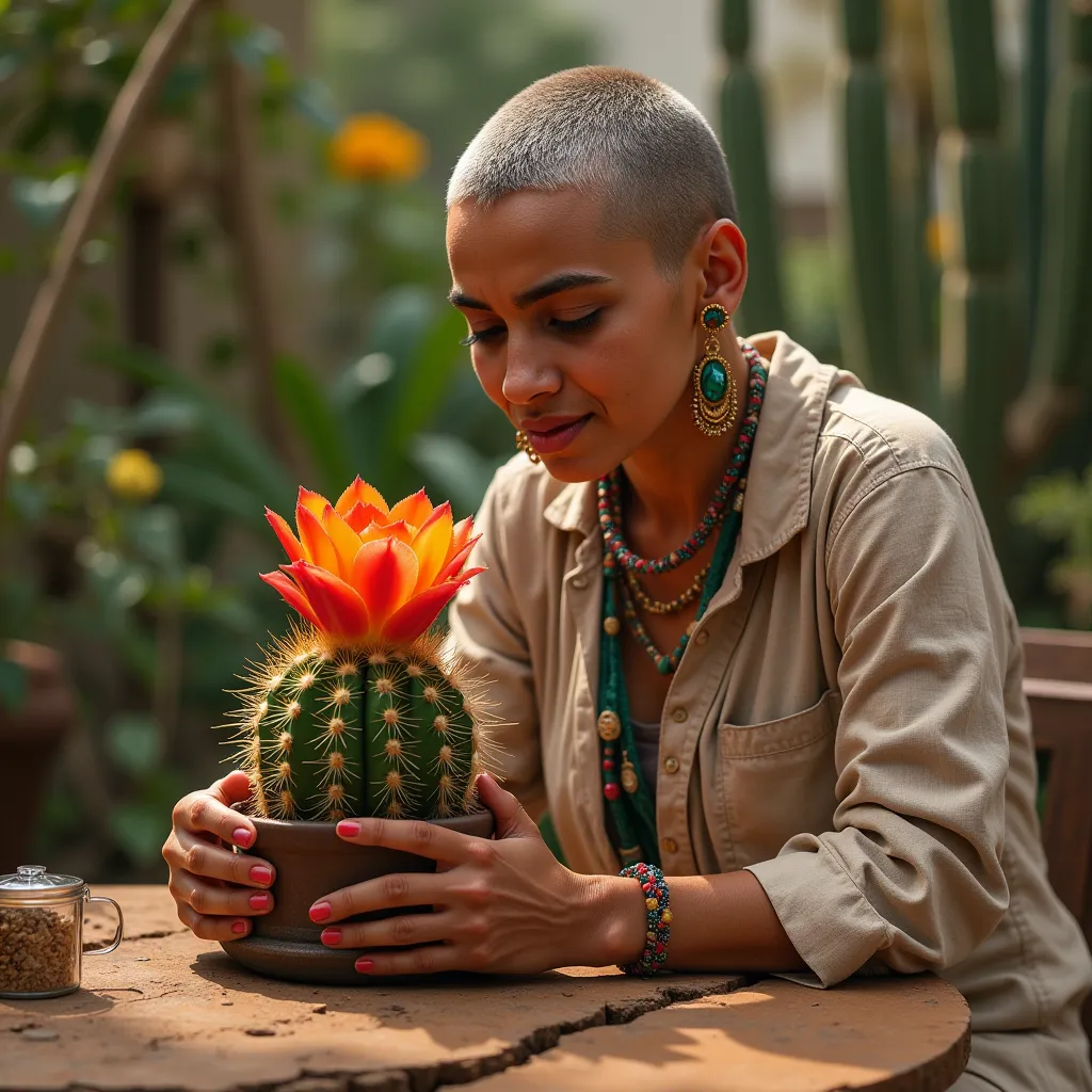 A realistic photograph of an Arab researcher examining a cactus flower sitting at a table in a botanical garden ,  slightly chubby figure, coarse-pored skin , Crunchy wide nose, pronounced cheekbone,  bushy eyebrows , Hair sheared to 8 mm short ,  no exces...