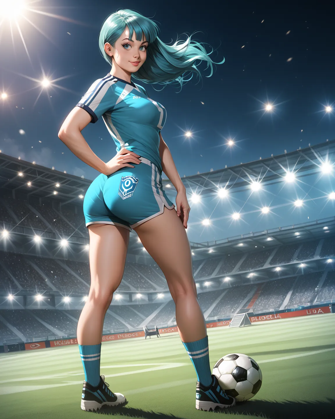 1girl,  sexy woman, full body. soccer jersey and shorts. Bulma, ass. standing. hand on hips. cowboy shot. 