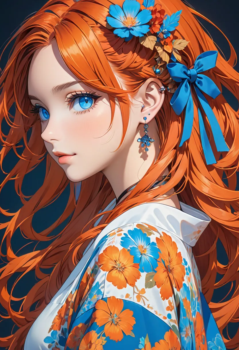 a beautiful female anime image of a girl with piercings on her ears, neck and body with blue red hair, 1girl, solo, blue eyes, long hair, looking at viewer,orange hair,  hair, hair ornament, upper body, 