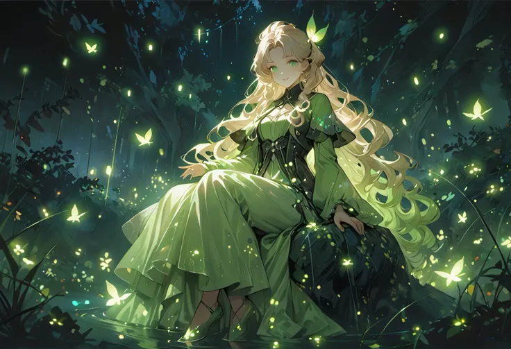(Greatest Masterpiece)、(Highest quality)、(Super Detail)、( surreal)、(Ultra High Definition)、The Incarnation of Firefly、Beauty、 long curly hair、Alluring、Brave、mature、Mysterious、Magical、Shining fireflies、full body、Exquisite facial expression、 sharp eyesight