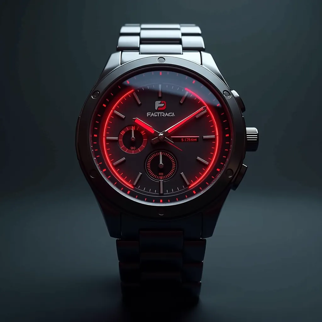 Make a realistic analog watch of brand Fastrack, with a Fastrack logo , tha watch has a lie detector, a false light which blink red when someone trying to lie , lie detector red light glow in watch in watch's inside and outside, red glowing watch in the mi...