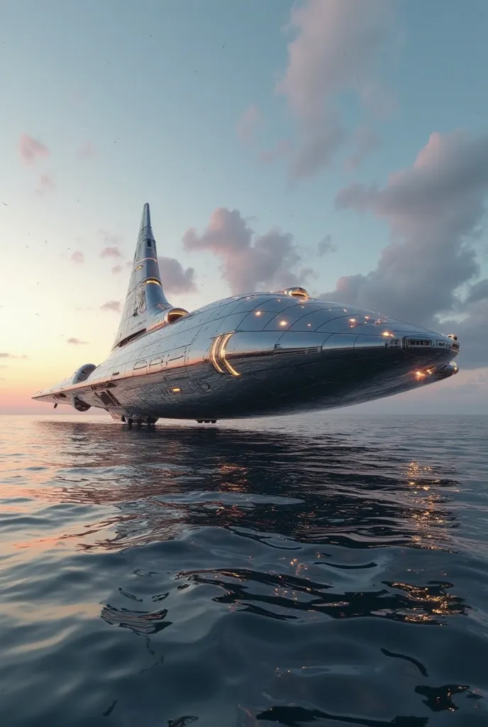 Out of this world futuristic and Enormous and very cool spacecraft, sleek with reflected metal elements, led lights and reflected glass, landed peacefully on the seawater. At dawn, breathtaking, 