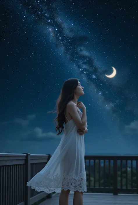 The background is a starry sky full of stars and a new moon on the veranda looking up at the starry sky, a woman with long hair looking up at the starry sky in white lace slips through her underwear 