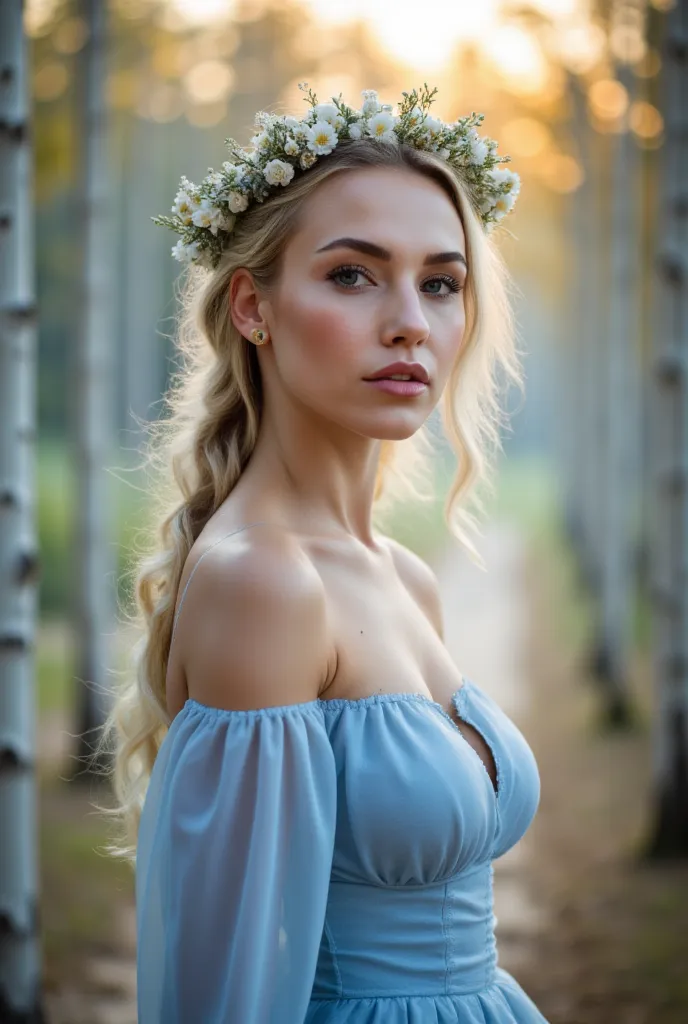 full-body of a beautiful woman, blonde with blue eyes, one braid, kind, in a pale blue russian folk dress, a wreath of small flowers on her head, blurriness, silver, tenderness, intricacy,(masterpiece:1.5), (best quality:1.5), birch forest, sunrise, mornin...