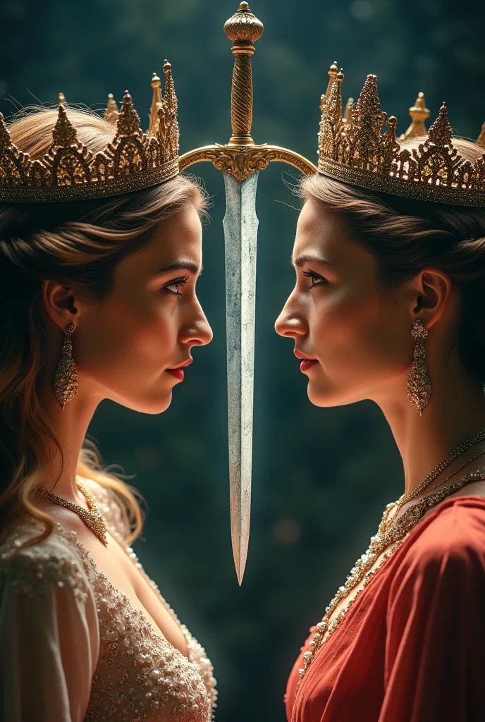 A dramatic image of two women facing off against eachother. They're dressed in beautiful dresses but they're not wearing crowns. Between them is a majestic sword hanging mid airand on top of the sword is a beautiful crown. The women have their eyes locked ...