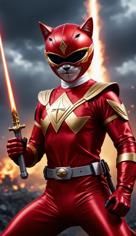 A cinematic and highly detailed illustration of a heroic cat dressed as the Red Power Ranger. The cat wears a bold red suit with sleek metallic accents and glowing gold highlights. The helmet features a reflective visor with sharp, angular designs and cat-...