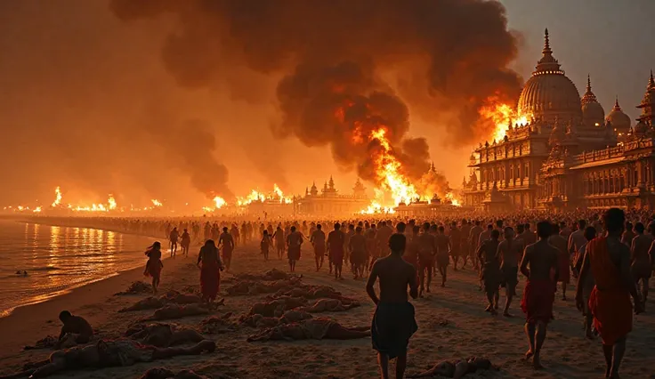 "A highly dramatic and intense scene of the Maha Kumbh Mela engulfed in flames at night, set along the banks of a wide river (Ganga). The fire has spread across the festival grounds, with large flames consuming tents and wooden structures. Thick black smok...