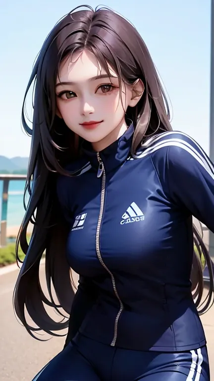 woman , long hair brown, normal, dark, she is solo, from alternative world ,best quality, realistic, cycling (full blue color) suit and cycling sports black shorts, she is stand , smile, red lipstick , 