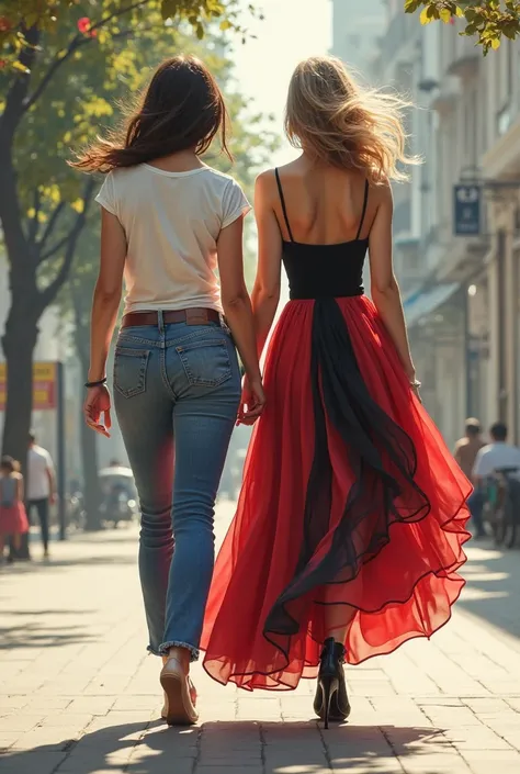 A woman walking in jeans and a,  t-shirt and next to her another 
With beautiful red and black dress,High heel