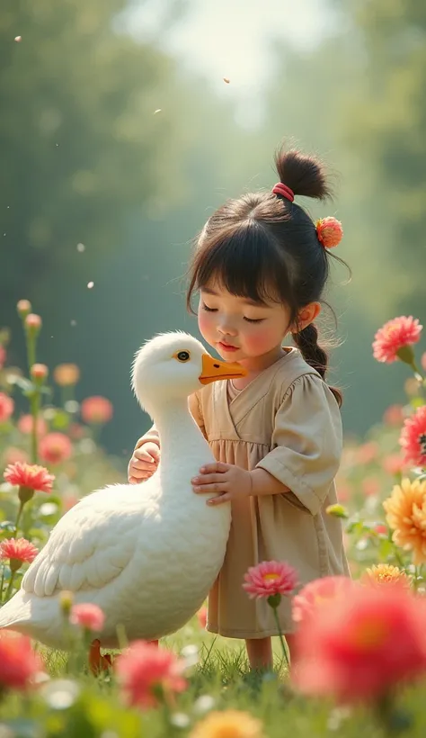 Mai and the goose stopped by a colorful flower garden. Mai bent down to caress the fresh petals, and the nearby herbivorous goose. A light breeze blew through causing the flowers to vibrate