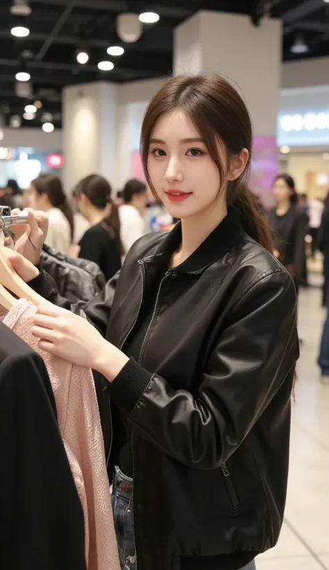  1girl , I was choosing clothes at the mall., smiling  , wear a black jacket 