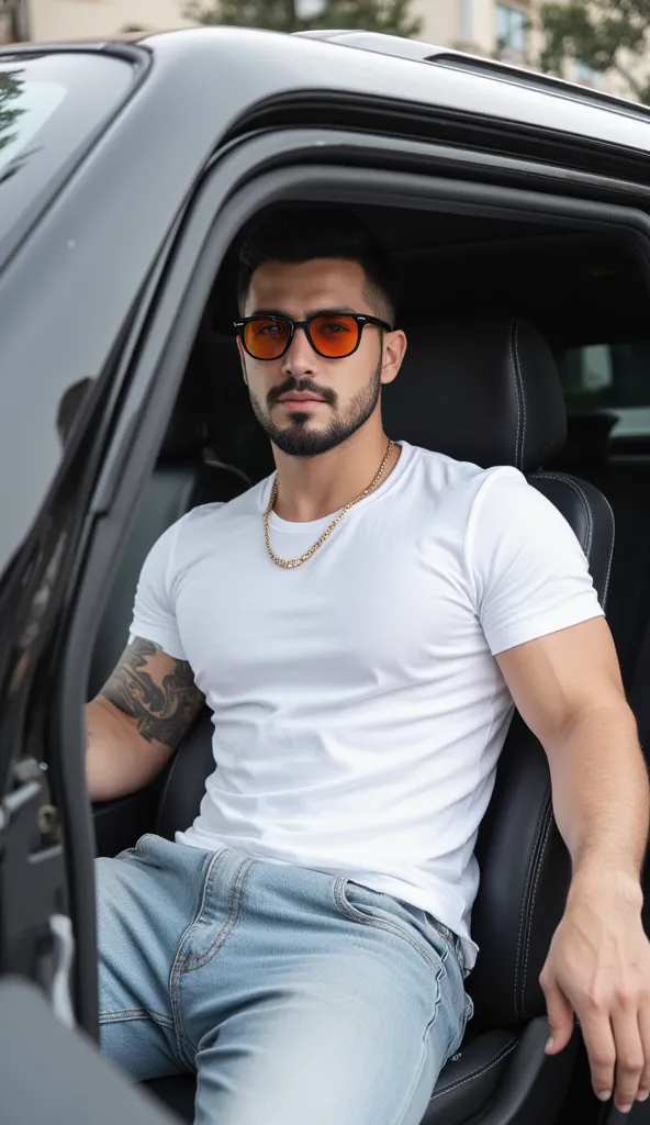 a handsome young turkish guy with muscle, dark very short hair fade and goatee beard  he wearing a white tshirt and a loose light jeans  and a thin gold chain and a small prada sunglasses orange glas and black border he is in a car he driving amateur photo...